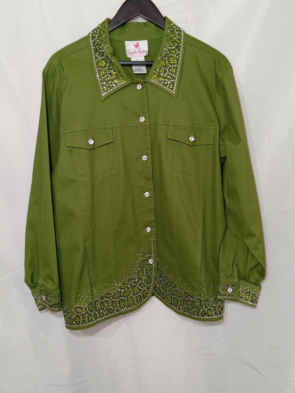 Vintage Quacker Factory XL Green Rhinestone Embellished Jacket Western Glam